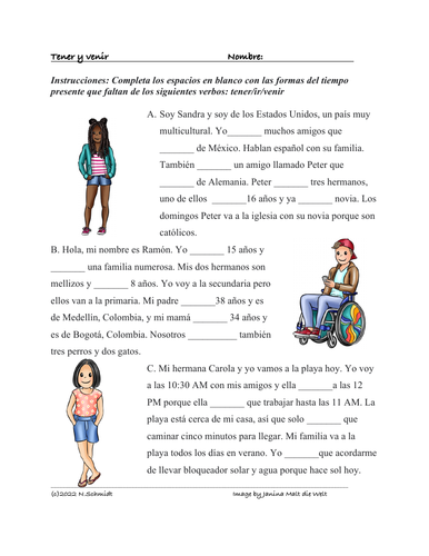 Tener y Venir Practice Spanish Worksheet / Reading