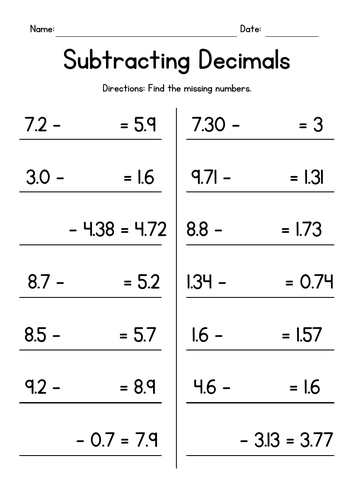 Subtracting Decimals with Missing Numbers
