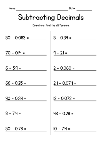 Subtracting Decimals From Whole Numbers Year 6