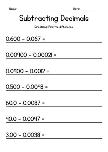Subtracting Decimals - Subtraction Worksheets