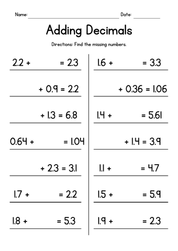 Adding Decimals with Missing Numbers