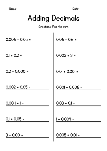 Adding Decimals - Addition Worksheets