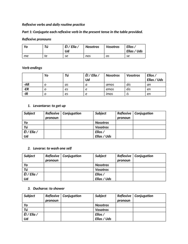 Daily routine and reflexive verbs practice (Spanish)
