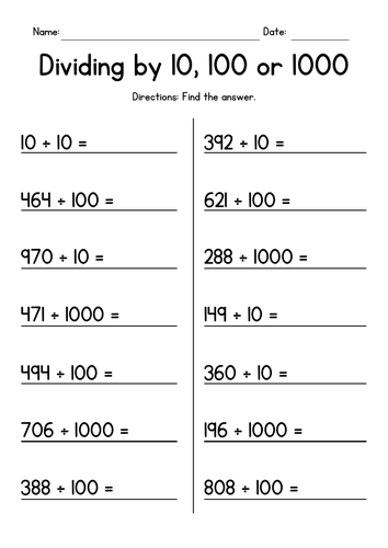 Dividing Whole Numbers by 10, 100 or 1,000