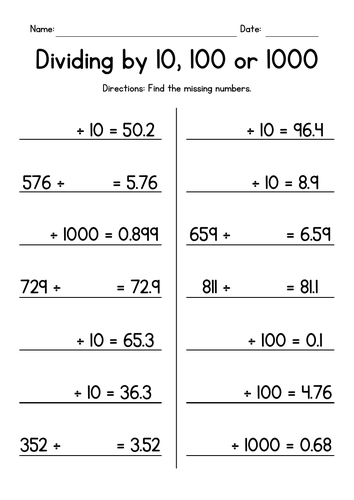 Dividing By 10 100 And 1000 Whole Numbers