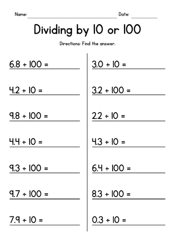 Divide 1-Digit Decimals by 10 or 100