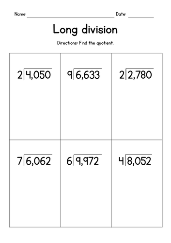 Long Division Dividing 4 Digit By 1 Digit Numbers No Remainders Teaching Resources