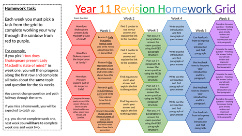 Year 11 Revision Homework Grid - Exam Question based