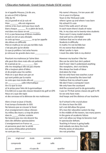 Song gap fill on l'éducation (GCSE version and A level version)