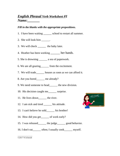 English Phrasal Verbs Worksheets (Verbs + Preposition Review) 4 pages!