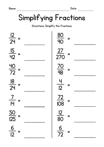 Simplifying Proper Fractions Worksheets