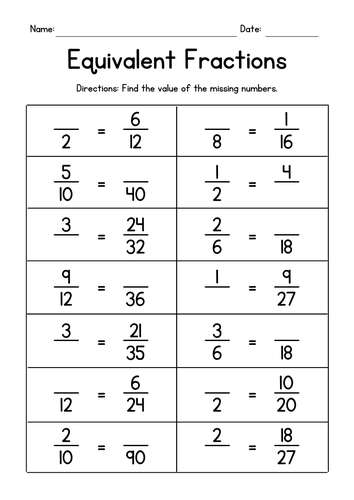 equivalent fractions worksheet free printable