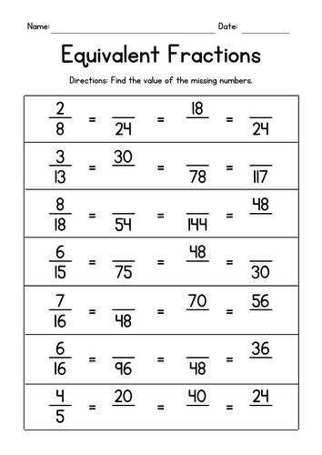 Writing Equivalent Fractions Worksheets