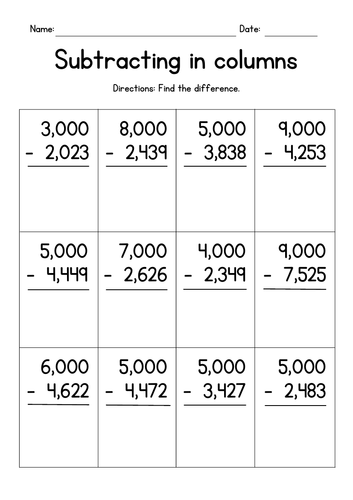 Subtracting from Whole Thousands with Borrowing | Teaching Resources