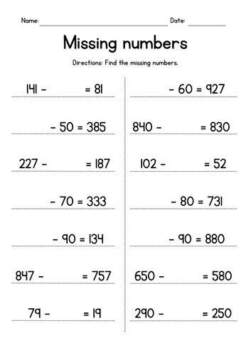 Subtracting Whole Tens from a 3-Digit Number (missing numbers)