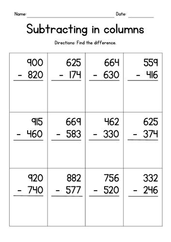 Subtracting 3-Digit Numbers in Columns (with regrouping or borrowing)