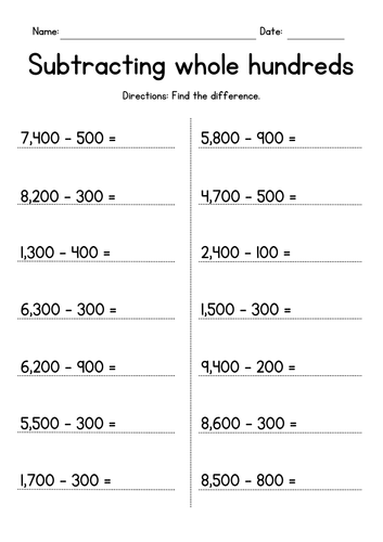 Subtracting Whole Hundreds - Subtraction Worksheets