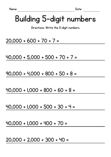 Building 5-Digit Numbers - Place Value Worksheets
