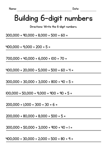 Building 6-Digit Numbers - Place Value Worksheets