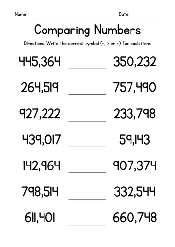 Comparing Large Numbers Worksheets | Teaching Resources