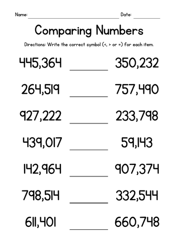 Comparing Large Numbers Worksheets Teaching Resources