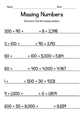 Place Value - Missing Numbers - Building 4-Digit Numbers