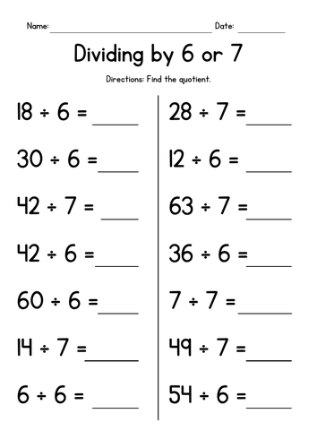 Division Facts - Dividing by 6 or 7 (no remainders) | Teaching Resources