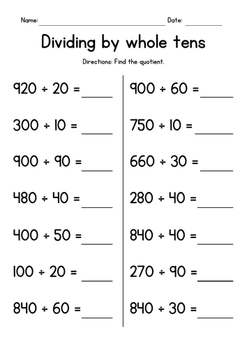 Dividing By Whole Tens Division Worksheets Teaching Resources
