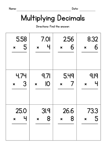 Multiplying Decimals By Whole Numbers In Columns Teaching Resources