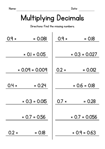 Multiplying Decimals by Decimals with Missing Factors