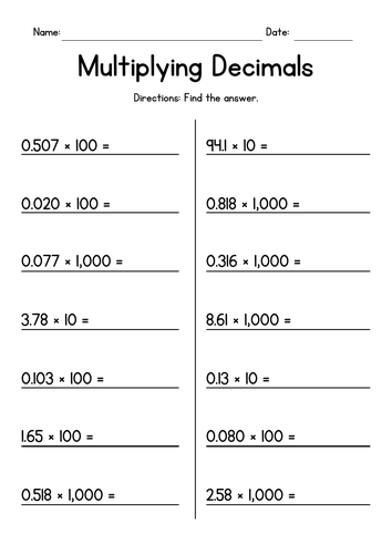 Multiplying Decimals by 10, 100 or 1,000