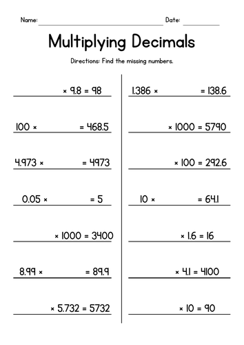 Multiplying Decimals by 10, 100 or 1,000 with Missing Factors