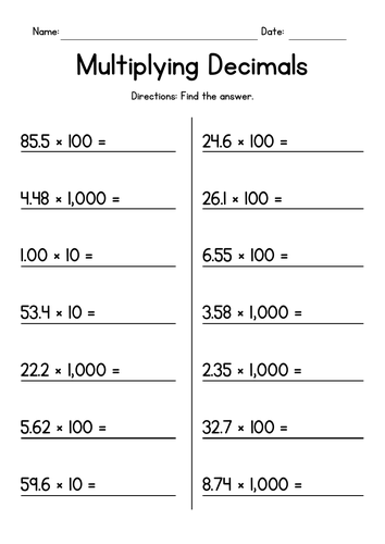 Multiplying Decimals by 10, 100 or 1, 000