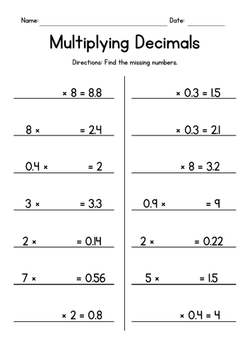 Multiplying Decimals - Missing Numbers