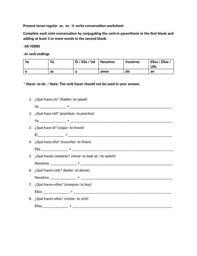 Present tense regular verbs conversation worksheet