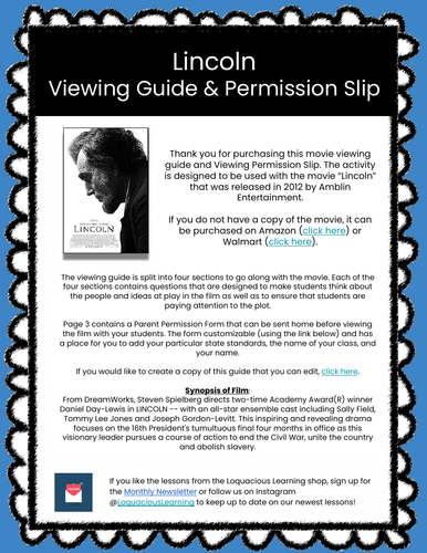 Lincoln Movie Viewing Guide and Permission Form (The Civil War)