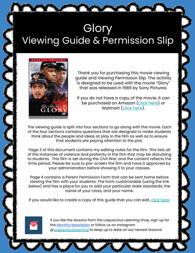 Glory Movie Viewing Guide and Permission Form (The Civil War) | Teaching  Resources