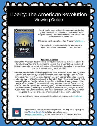 Liberty: The American Revolution Documentary Viewing Guide (6 Episode Series)