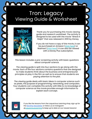 Tron: Legacy Computer Science Movie Viewing Guide & Worksheet