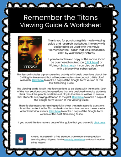 Remember the Titans Movie Viewing Guide & Worksheet
