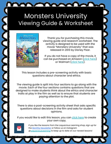 Monsters University Movie Viewing Guide + Worksheets (Character and Ethics)