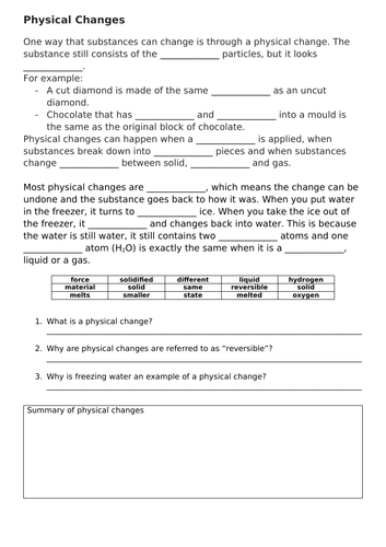Science Gap Fills (approx Year 8)