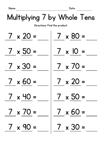 Multiplying 7 by Whole Tens - Multiplication Worksheets