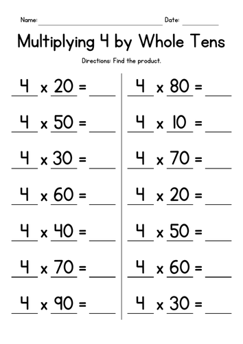 Multiplying 4 by Whole Tens - Multiplication Worksheets