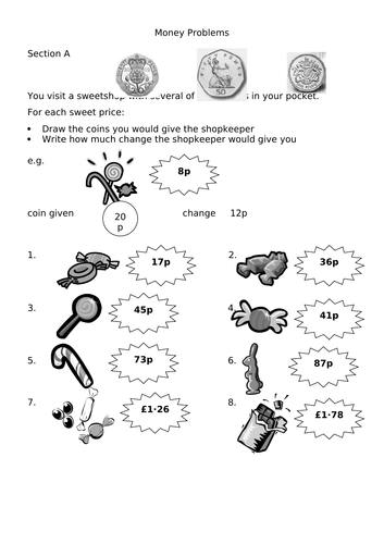 Differentiated money problems worksheets involving addition and subtraction