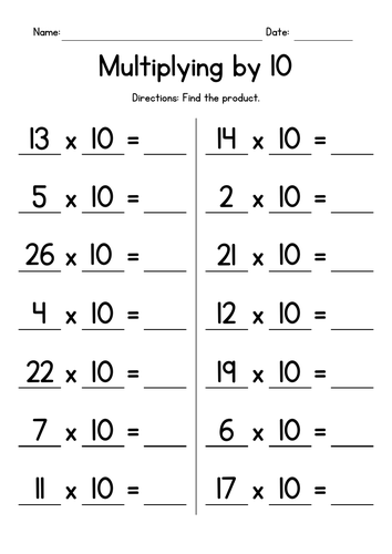 Multiplying by 10 - Multiplication Worksheets
