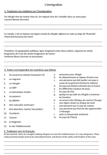 l'immigration A level french worksheet