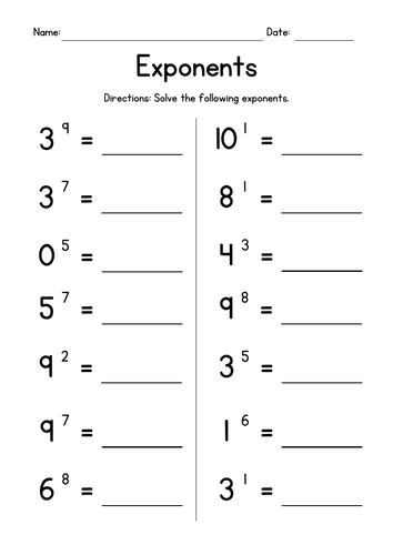 Exponents - Whole Numbers Worksheets