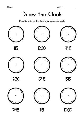 Draw the Clock - Quarter Hours - Analog Clocks