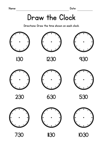 Draw the Clock - Half Hours - Analog Clocks